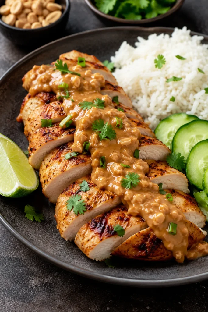Sliced grilled chicken with peanut sauce, white rice, cucumber, lime and herbs.