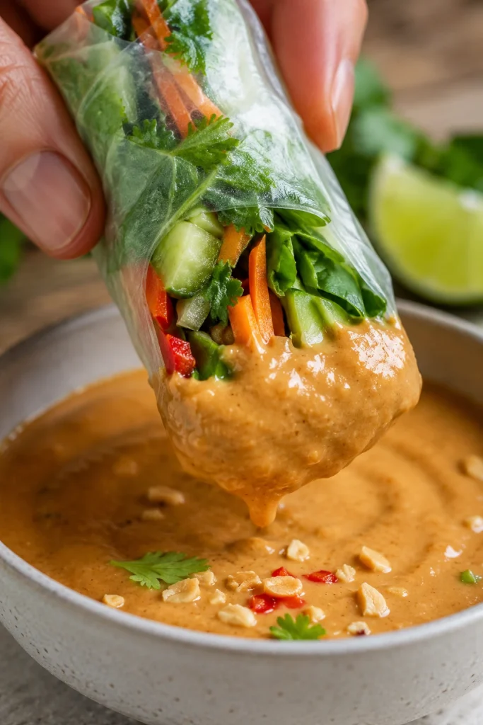 Fresh spring roll dipped into peanut sauce that clings lightly to the rice paper wrapper.