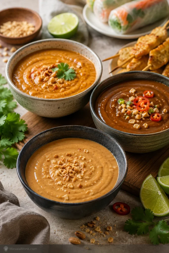 Three bowls showing light peanut sauce, darker hoisin peanut dip and golden satay-style peanut sauce.