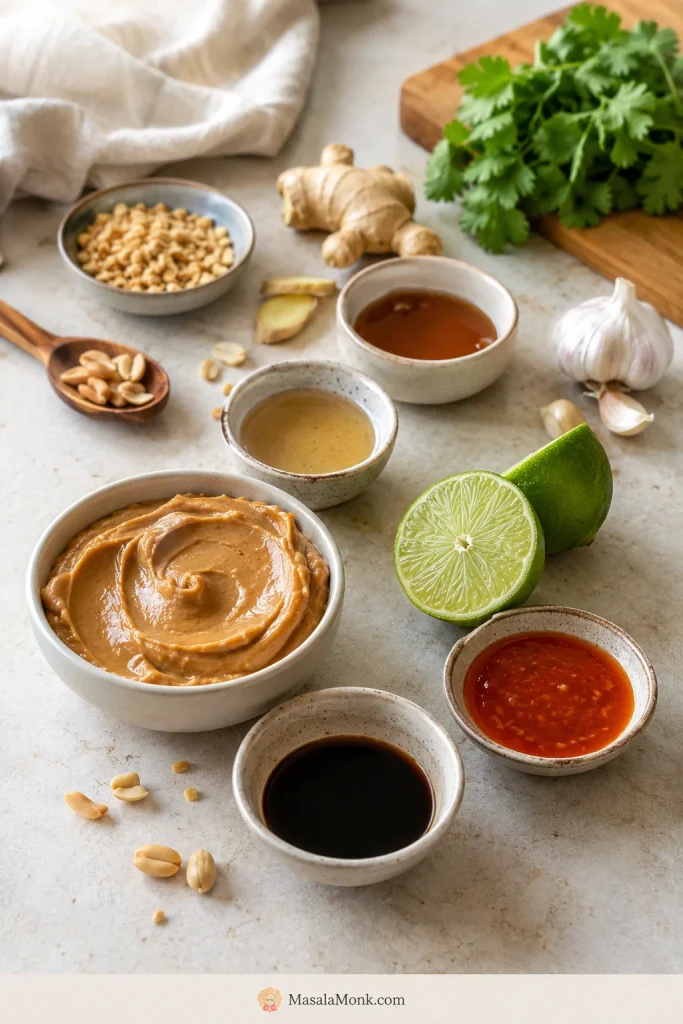 Peanut sauce ingredients including peanut butter, soy sauce, lime, rice vinegar, ginger, garlic, chili sauce, sweetener and sesame oil.