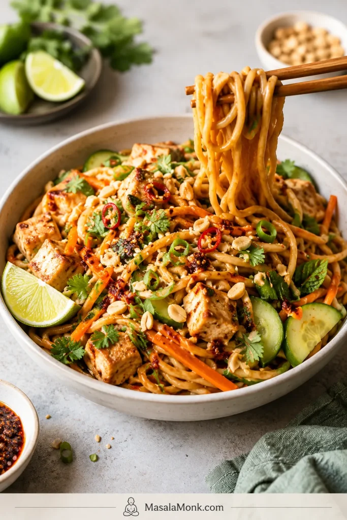 Peanut sauce noodle bowl with vegetables, herbs, lime, chili and crushed peanuts.