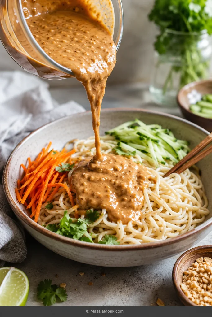 Peanut sauce being poured over noodles before tossing, with vegetables and herbs nearby.