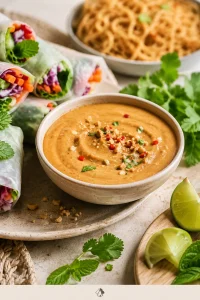 Bowl of creamy peanut sauce with spring rolls, noodles, lime wedges, herbs and crushed peanuts on a dinner table.