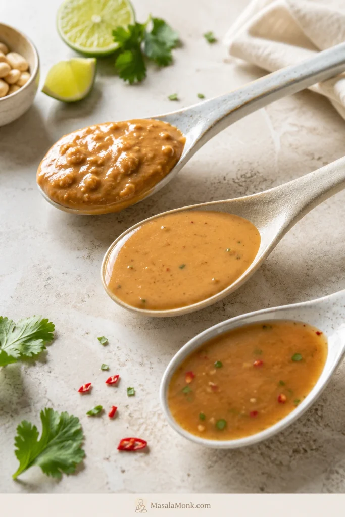Three spoons holding different peanut sauce textures for satay, spring rolls and noodles.