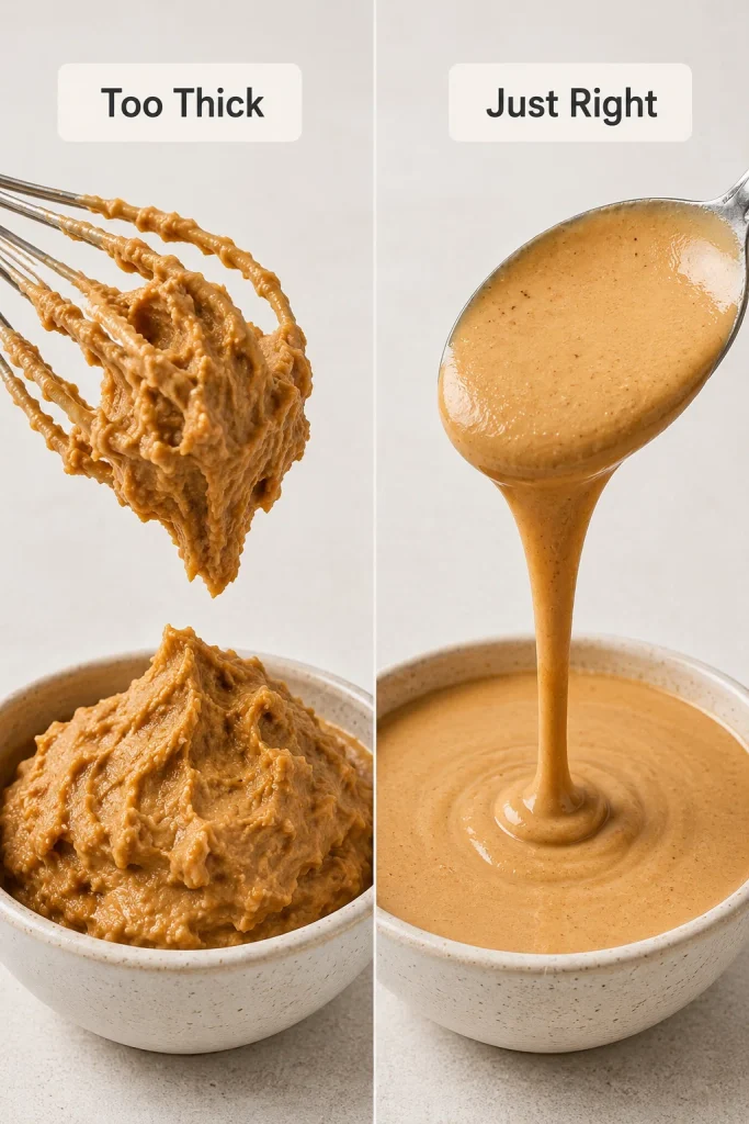 Side-by-side peanut sauce comparison showing thick peanut paste and smooth pourable sauce