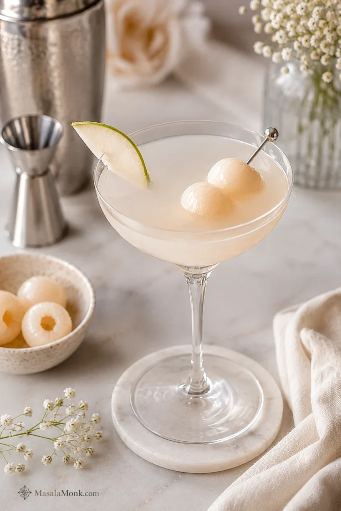 Pear lychee martini in a coupe glass with lychee garnish and pear accent.