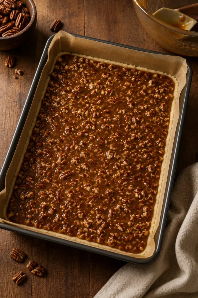 Unbaked pecan pie bars in a parchment-lined pan with glossy filling and evenly spread chopped pecans.