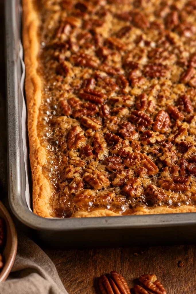 Baked pecan pie bars in a pan with bubbling edges, glossy pecan topping, and a golden crust.