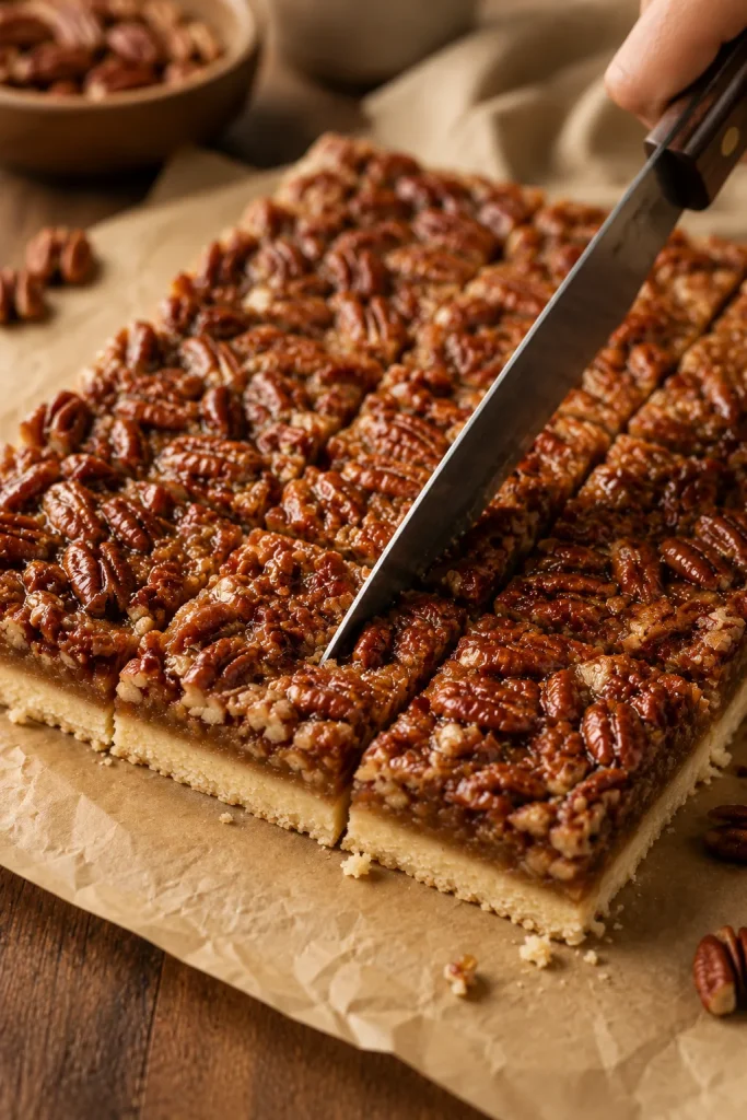 Sharp knife cutting chilled pecan pie bars into neat squares on parchment paper.