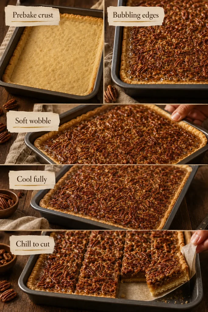 Five-panel guide for pecan pie bars labeled Prebake crust, Bubbling edges, Soft wobble, Cool fully, and Chill to cut.
