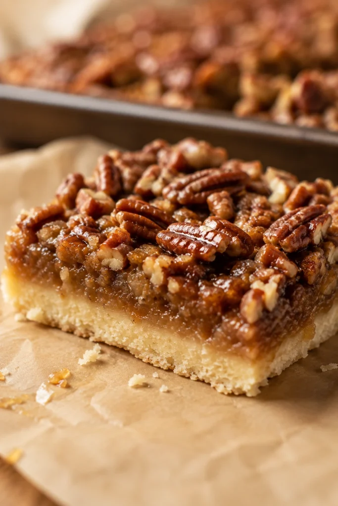 Close-up of a pecan pie bar showing glossy pecans, soft brown filling, and a pale shortbread base.