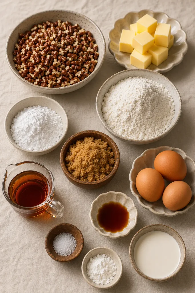 Ingredients for pecan pie bars arranged on linen, including chopped pecans, butter, flour, powdered sugar, brown sugar, eggs, maple syrup, vanilla, cream, salt, and cornstarch.