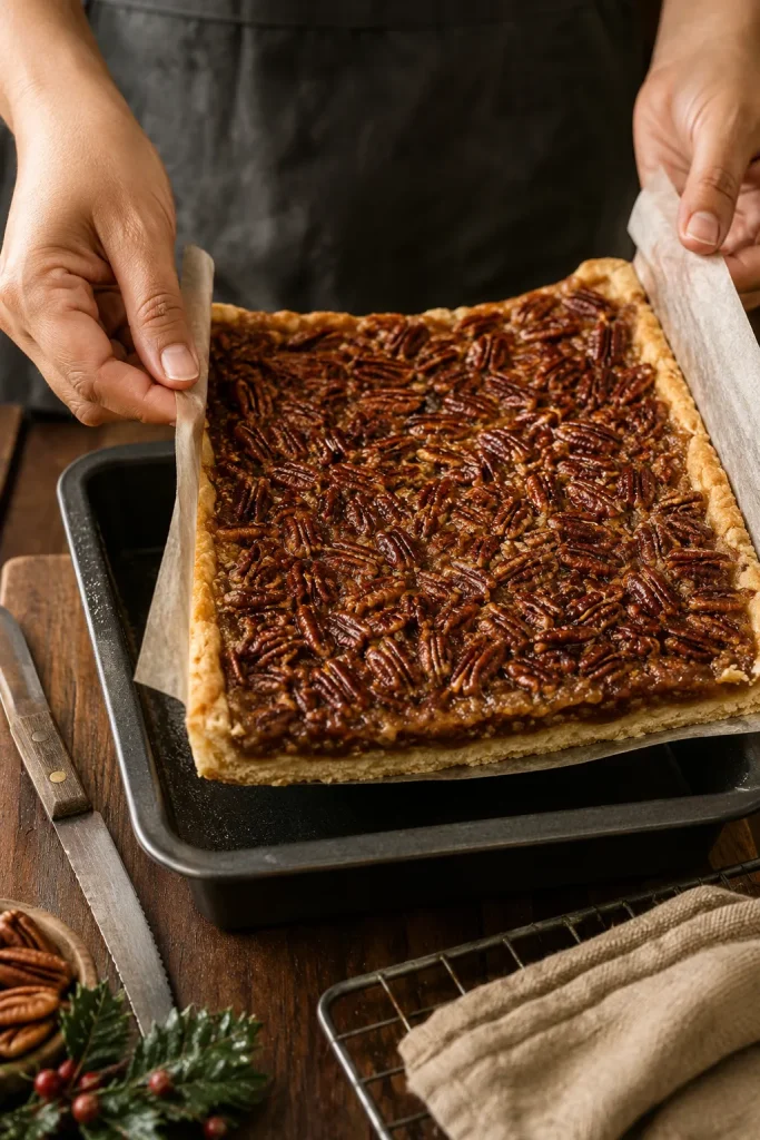 Cooled slab of pecan pie bars being lifted from a metal baking pan using parchment paper.