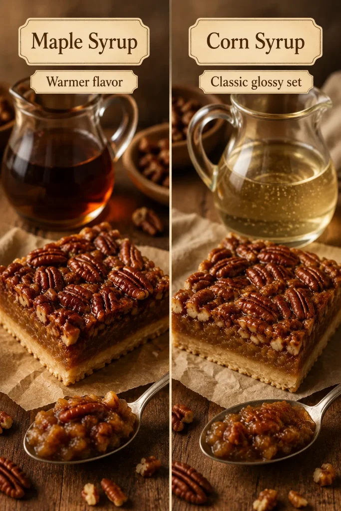Split image comparing maple syrup and corn syrup with pecan pie bars and spoonfuls of pecan filling.
