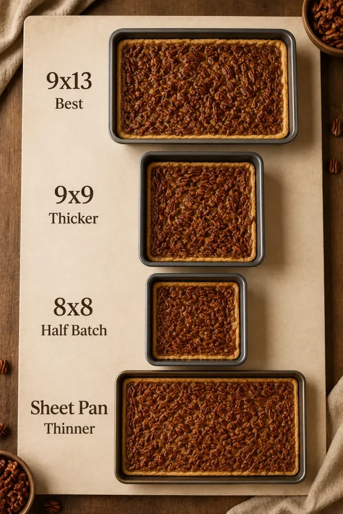Pan size guide for pecan pie bars showing 9x13 best, 9x9 thicker, 8x8 half batch, and sheet pan thinner.