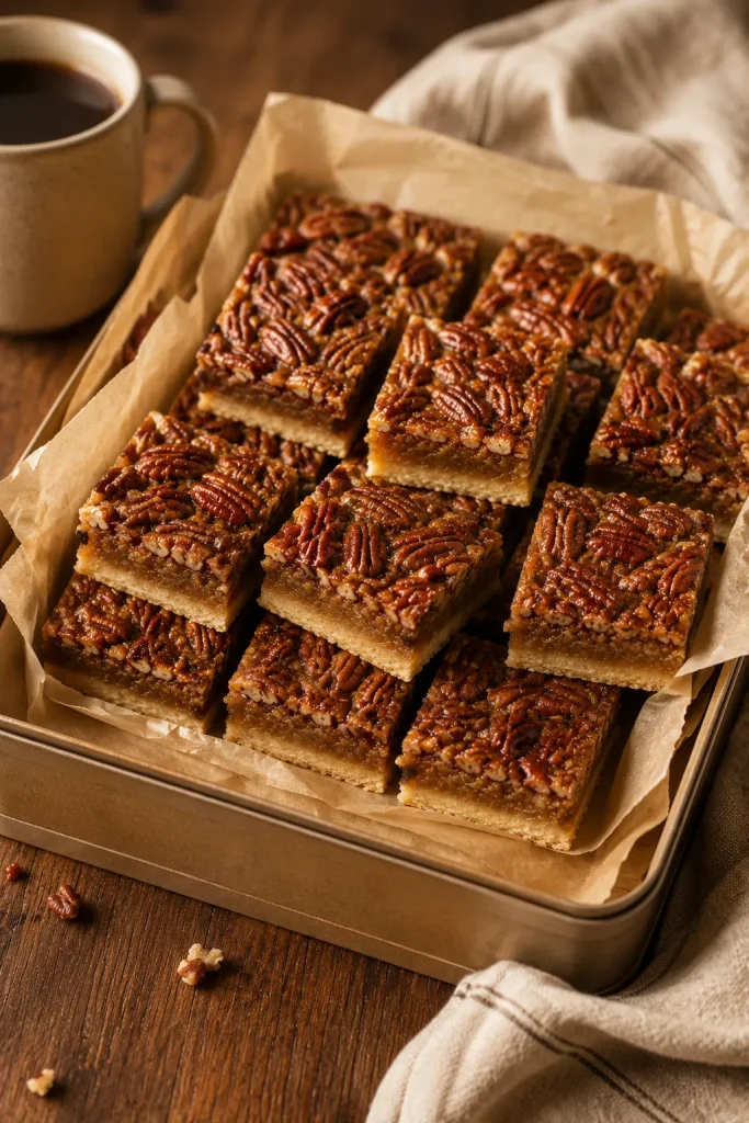 Pecan pie bars packed in a shallow box with parchment paper between layers and a coffee mug nearby.