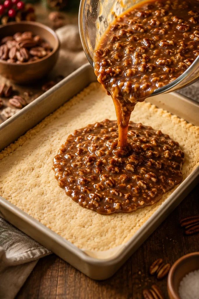 Glossy maple pecan filling being poured over a prebaked shortbread crust in a parchment-lined baking pan.