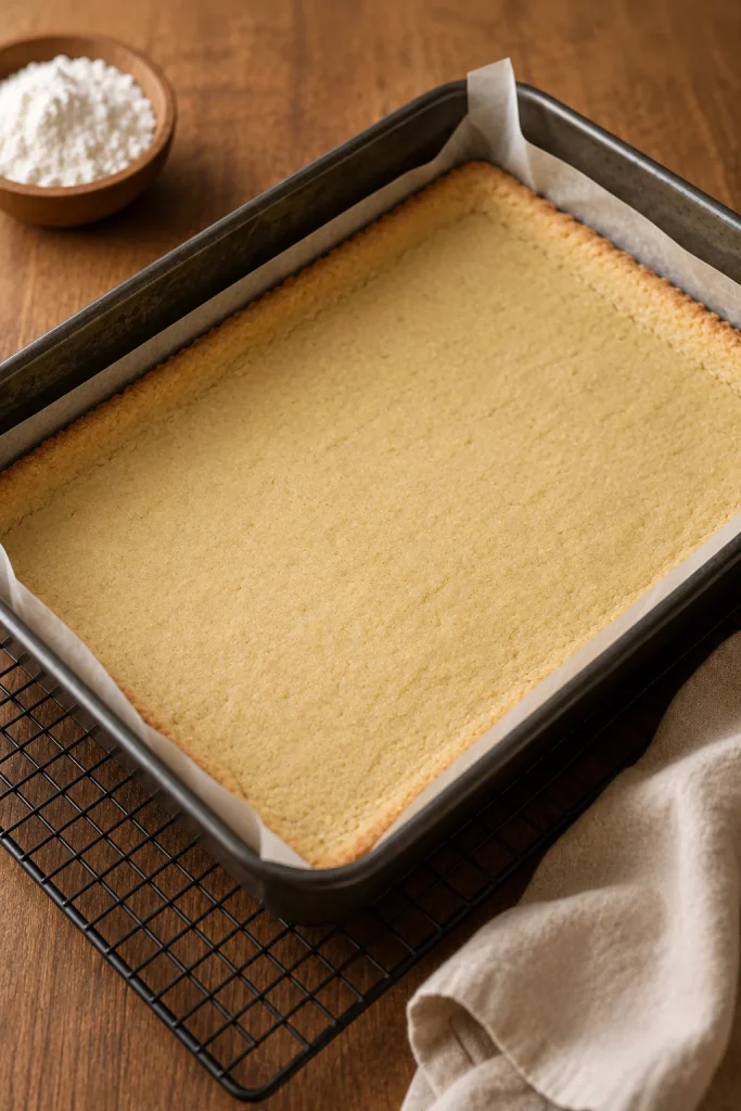 Prebaked shortbread crust in a parchment-lined metal pan with a set surface and lightly golden edges.