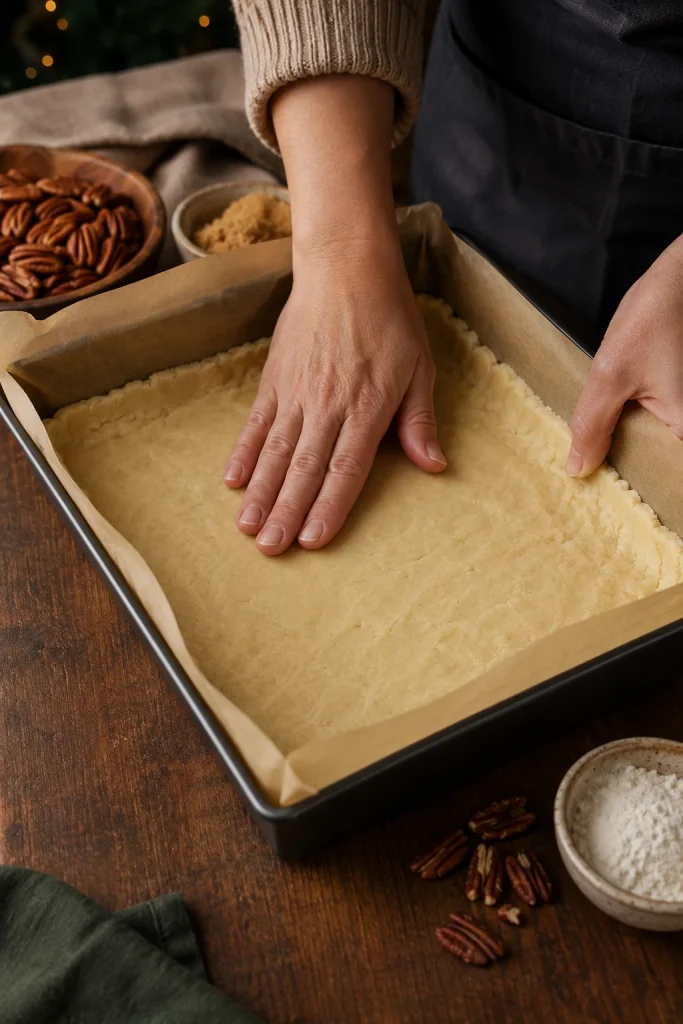 Hands pressing shortbread crust evenly into a parchment-lined rectangular baking pan.