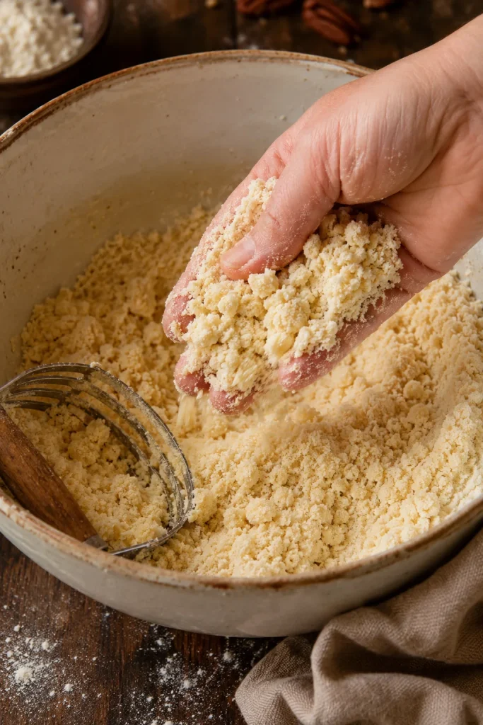 Hand squeezing crumbly shortbread crust mixture in a bowl to show damp crumbs holding together.