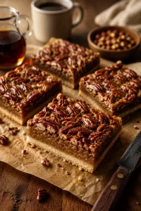 Clean-cut pecan pie bars with glossy pecan topping and pale shortbread crust arranged on parchment paper.