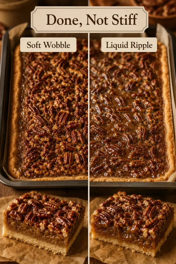 Split comparison guide showing pecan pie bars labeled Soft Wobble on one side and Liquid Ripple on the other, with the title Done, Not Stiff.
