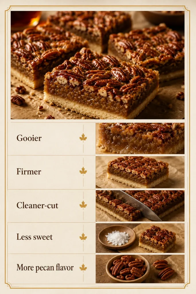 Texture control guide for pecan pie bars with sections labeled Gooier, Firmer, Cleaner-cut, Less sweet, and More pecan flavor.