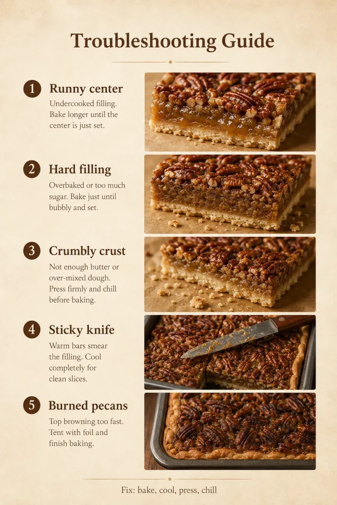 Troubleshooting guide for pecan pie bars with labeled sections for runny center, hard filling, crumbly crust, sticky knife, and burned pecans.