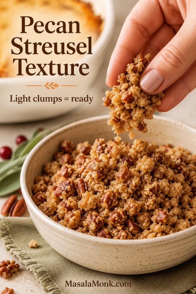 Close-up of pecan streusel being pinched above a bowl to show light clumps and crumbly texture