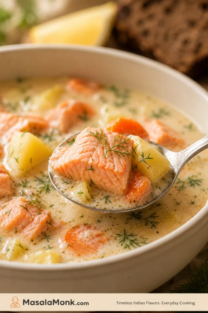 Close-up spoonful of salmon soup with salmon, potato, carrot, dill, and creamy broth.
