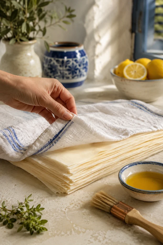 A hand lifting a striped towel to reveal stacked phyllo sheets beside a pastry brush and oil.