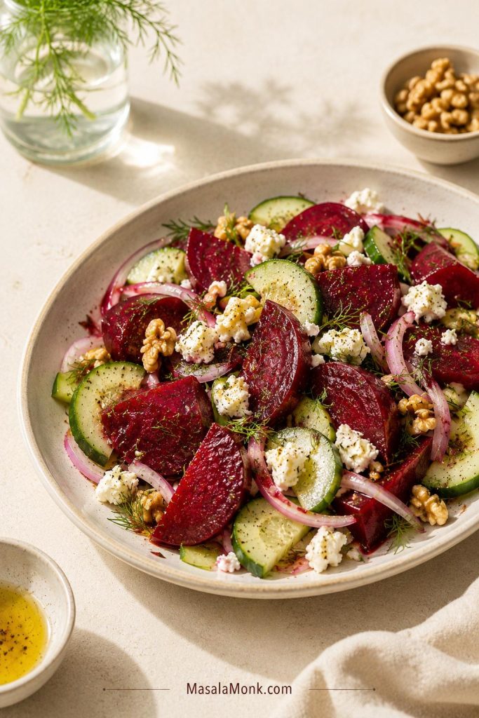 Pickled beet salad with cucumber slices, dill, red onion, feta, walnuts, and light dressing in a shallow bowl.