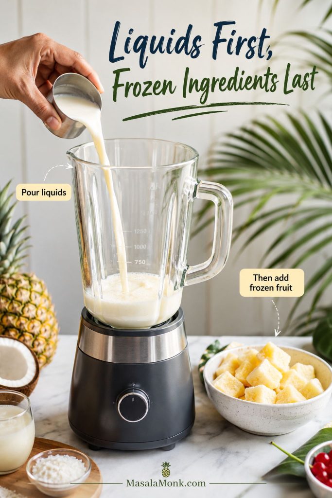 Blender jar with liquid being poured in first and frozen pineapple waiting nearby for a pina colada blender order guide.