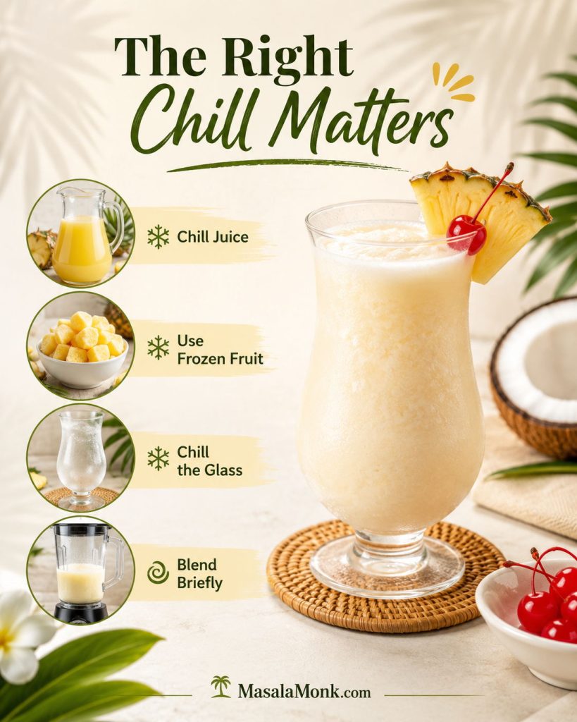 Cold control guide for pina colada showing chilled juice, frozen fruit, a chilled glass, and brief blending tips.