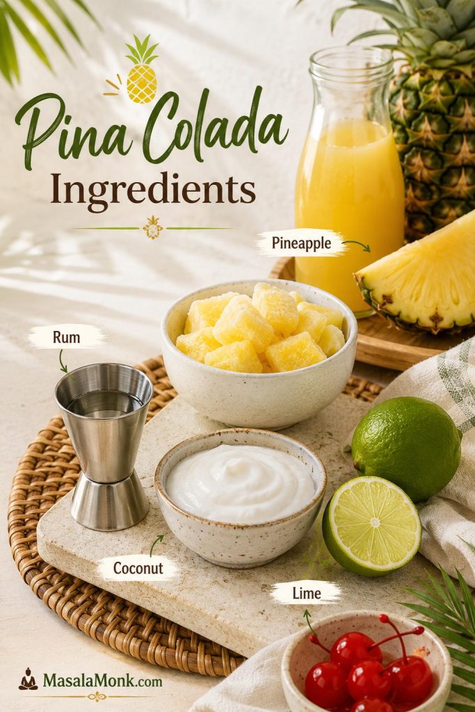 Pina colada ingredients arranged with rum, pineapple juice, cream of coconut, lime, frozen pineapple, pineapple garnish, and cherry.
