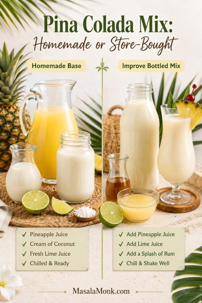 Pina colada mix guide comparing homemade base with improved bottled mix using pineapple juice, cream of coconut, lime, and a finished drink.