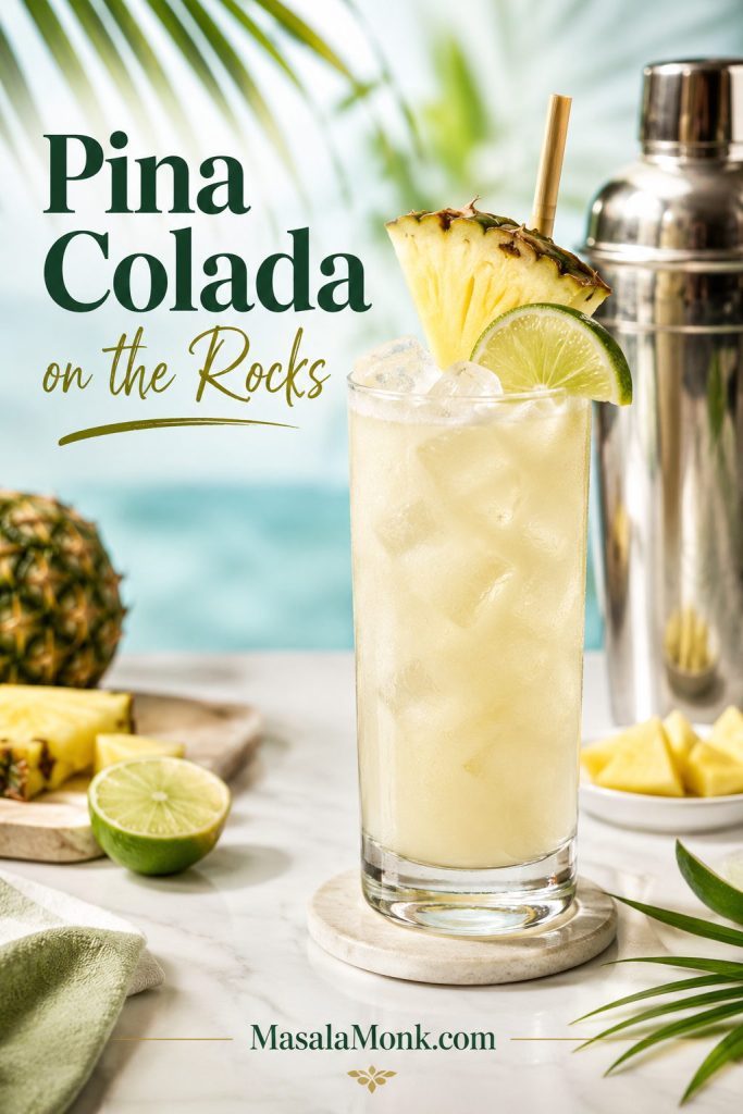 Pina colada on the rocks in a tall glass with fresh ice, pineapple garnish, lime, and cocktail shaker in the background.