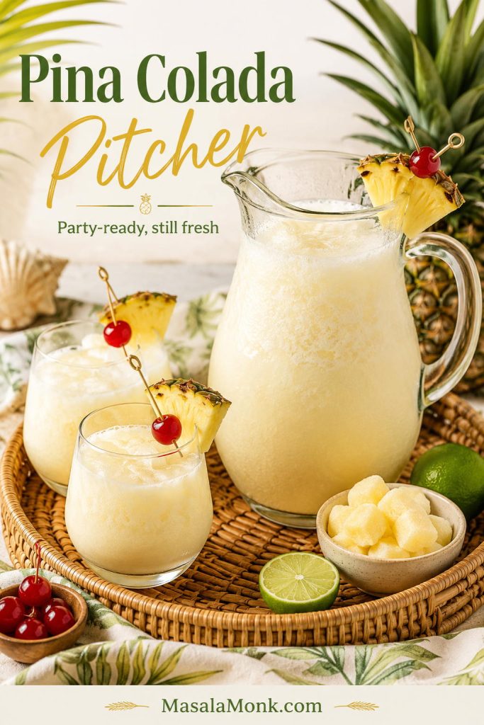 Pina colada pitcher with serving glasses, pineapple wedges, cherries, lime, frozen pineapple, and rattan tray styling.