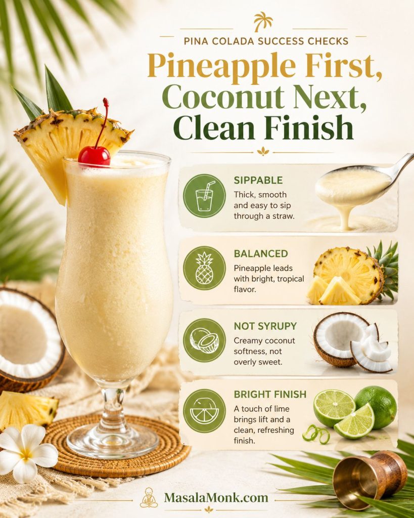 Pina colada success-check graphic with pineapple first, coconut next, clean finish, and cues for sippable balanced texture.