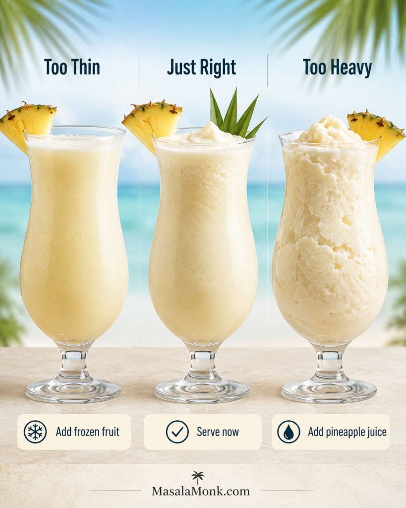 Three-part pina colada texture comparison showing too thin, just right, and too heavy with quick fix cues.