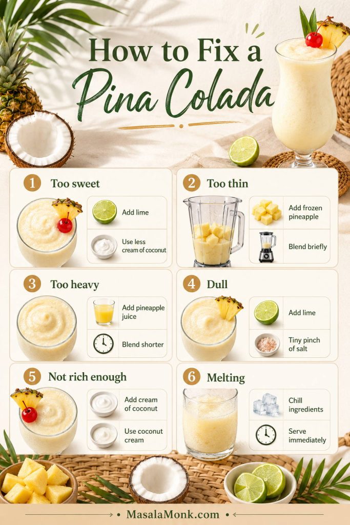 Pina colada troubleshooting guide with fixes for too sweet, too thin, too heavy, dull, not rich enough, and melting drinks.