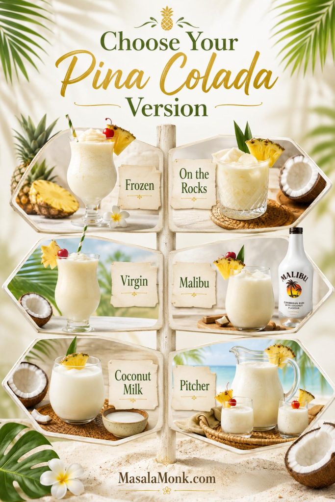 Six-panel pina colada version guide showing frozen, on the rocks, virgin, Malibu, coconut milk, and pitcher options.
