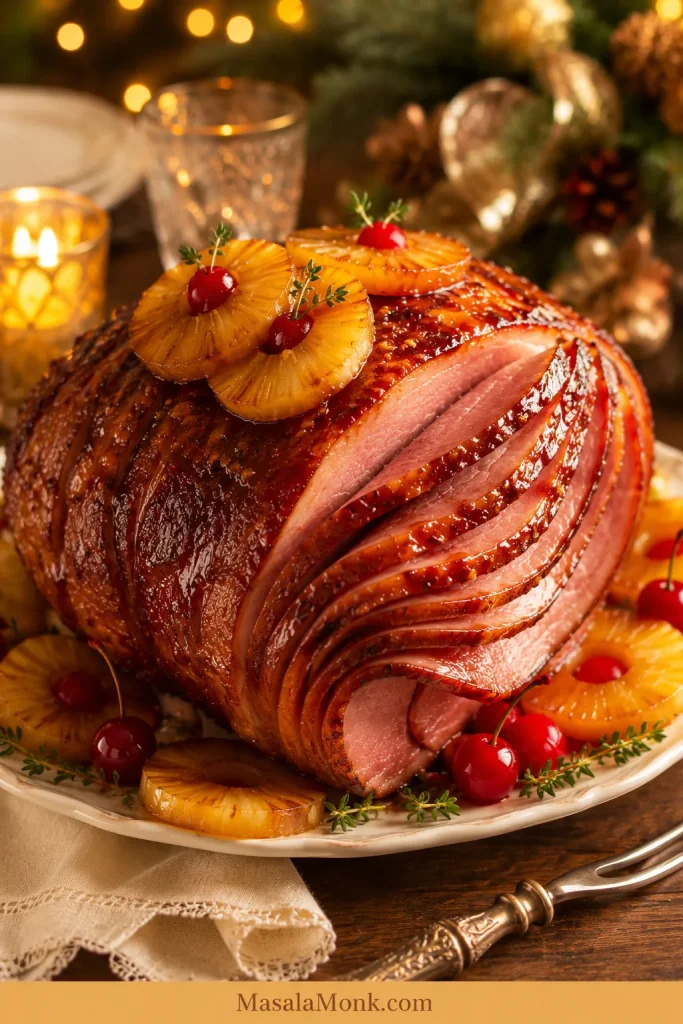 Pineapple honey glazed ham with pineapple rings, cherries, glossy glaze, and caramelized edges.