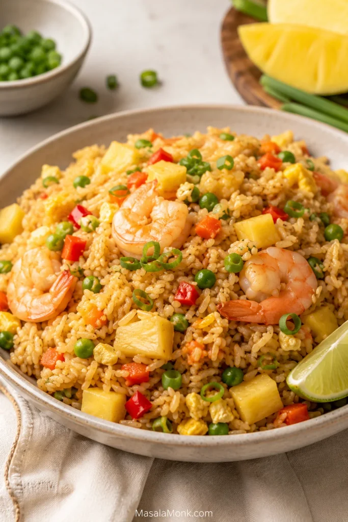 Pineapple shrimp fried rice with shrimp, pineapple chunks, egg, peas, carrots, red pepper, scallions, and a lime wedge.