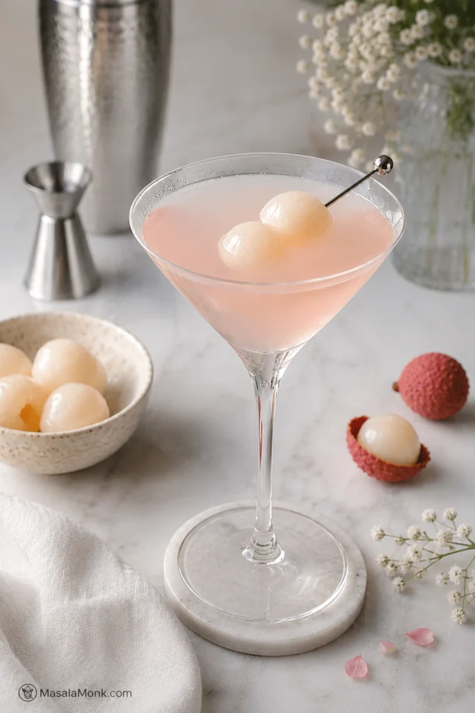 Pale blush-pink lychee martini with lychee garnish in an elegant stemmed glass.
