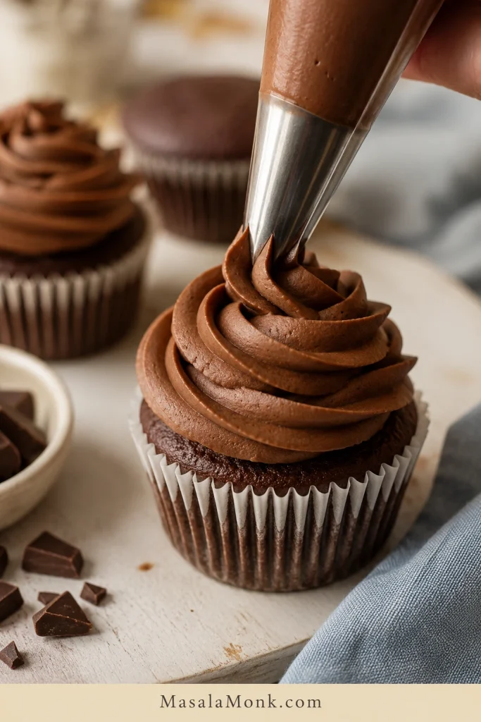 Chocolate cream cheese frosting being piped into a soft swirl on a chocolate cupcake.