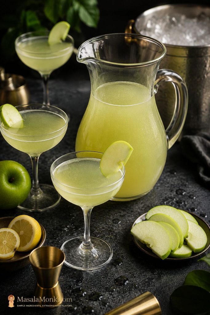 Glass pitcher of pale green Appletinis with chilled coupe glasses, green apple slices, lemon, an ice bucket, and bar tools.