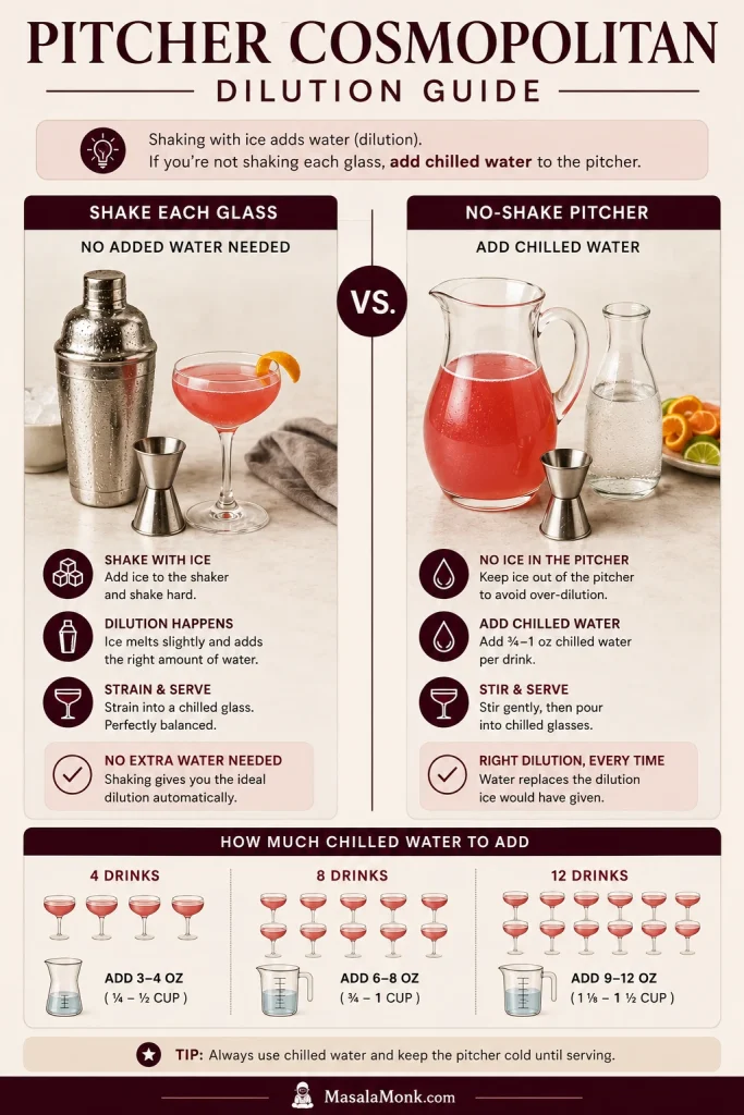 Pitcher Cosmopolitan dilution guide comparing shaking each glass with adding chilled water to a no-shake pitcher.