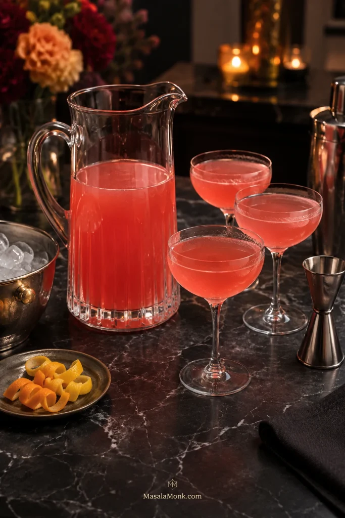 Pitcher of Cosmopolitans with chilled coupe glasses, citrus twists, and ice kept separately for serving.