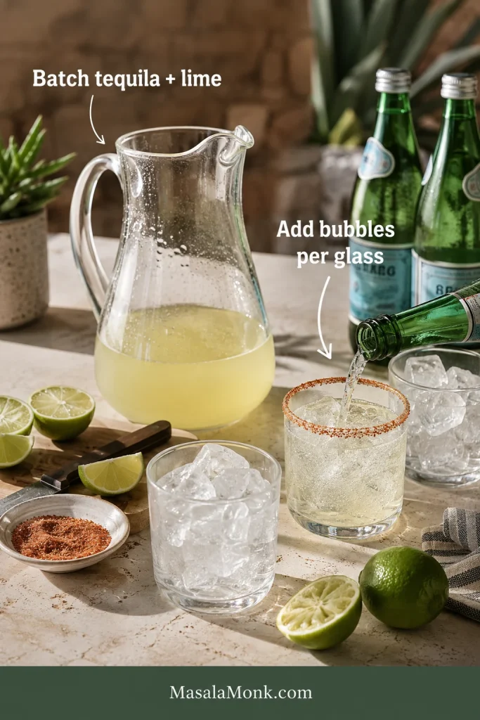 Pitcher of tequila-lime base with ice-filled glasses, limes, Tajín, and sparkling mineral water being poured into one glass.